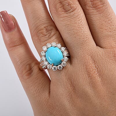 D'Joy Sleeping Beauty Turquoise, Moissanite, Natural Pink Diamond Starburst Ring in 18K Vermeil RG Over Sterling Silver 6.00 ctw (Size 10.0)