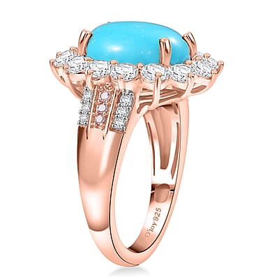 D'Joy Sleeping Beauty Turquoise, Moissanite, Natural Pink Diamond Starburst Ring in 18K Vermeil RG Over Sterling Silver 6.00 ctw (Size 10.0)