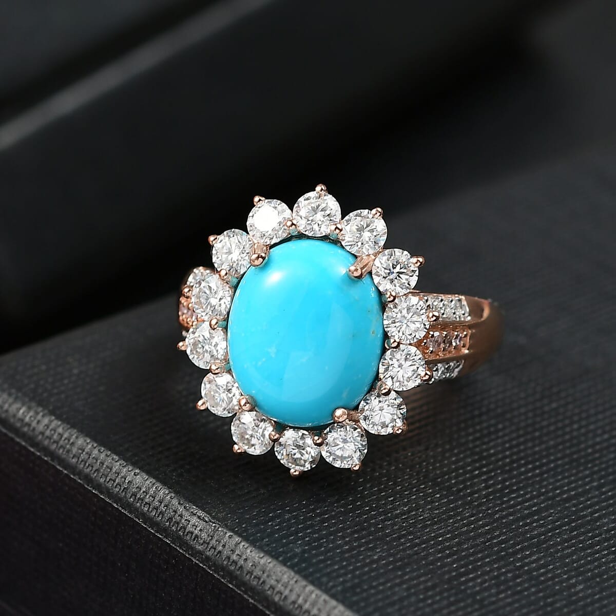 D’Joy Premium Sleeping Beauty Turquoise, Moissanite, Natural Pink Diamond Ring in 18K Vermeil RG Over Sterling Silver (Size 10.0) 6.00 ctw image number 1