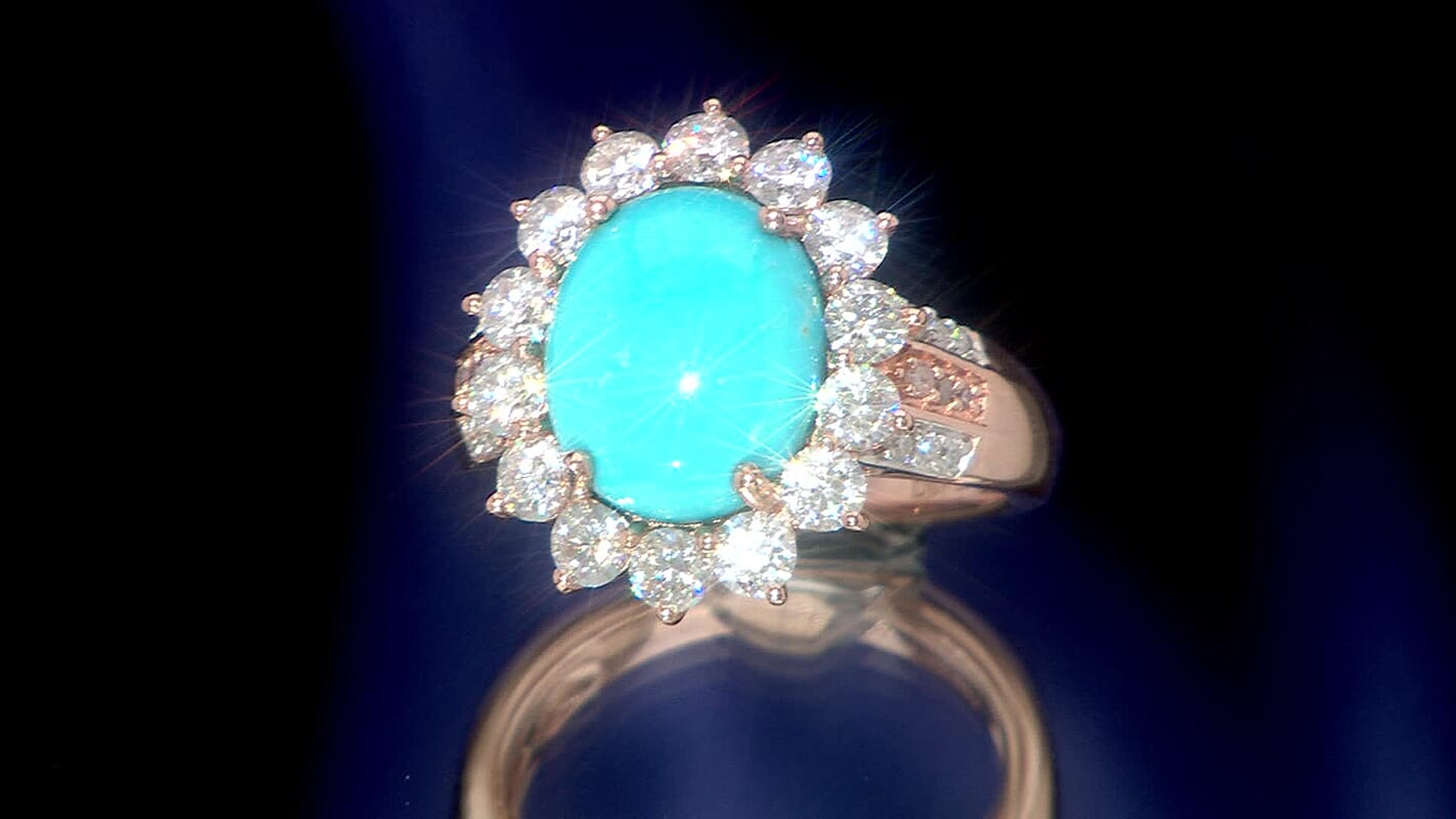 D’Joy Premium Sleeping Beauty Turquoise, Moissanite, Natural Pink Diamond Ring in 18K Vermeil RG Over Sterling Silver (Size 10.0) 6.00 ctw