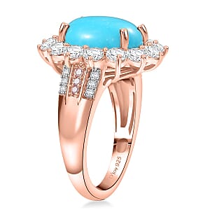 D'Joy Premium Sleeping Beauty Turquoise, Moissanite, Natural Pink Diamond 6.00 ctw Starburst Ring in 18K Vermeil Rose Gold Over Sterling Silver (Size 7.0) 