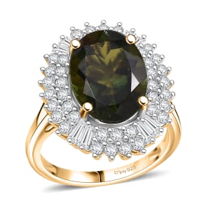 D’Joy Bohemian Moldavite and Moissanite 6.00 ctw Blooming Flower Ring in 18K Vermeil Yellow Gold Over Sterling Silver (Size 10.0) 