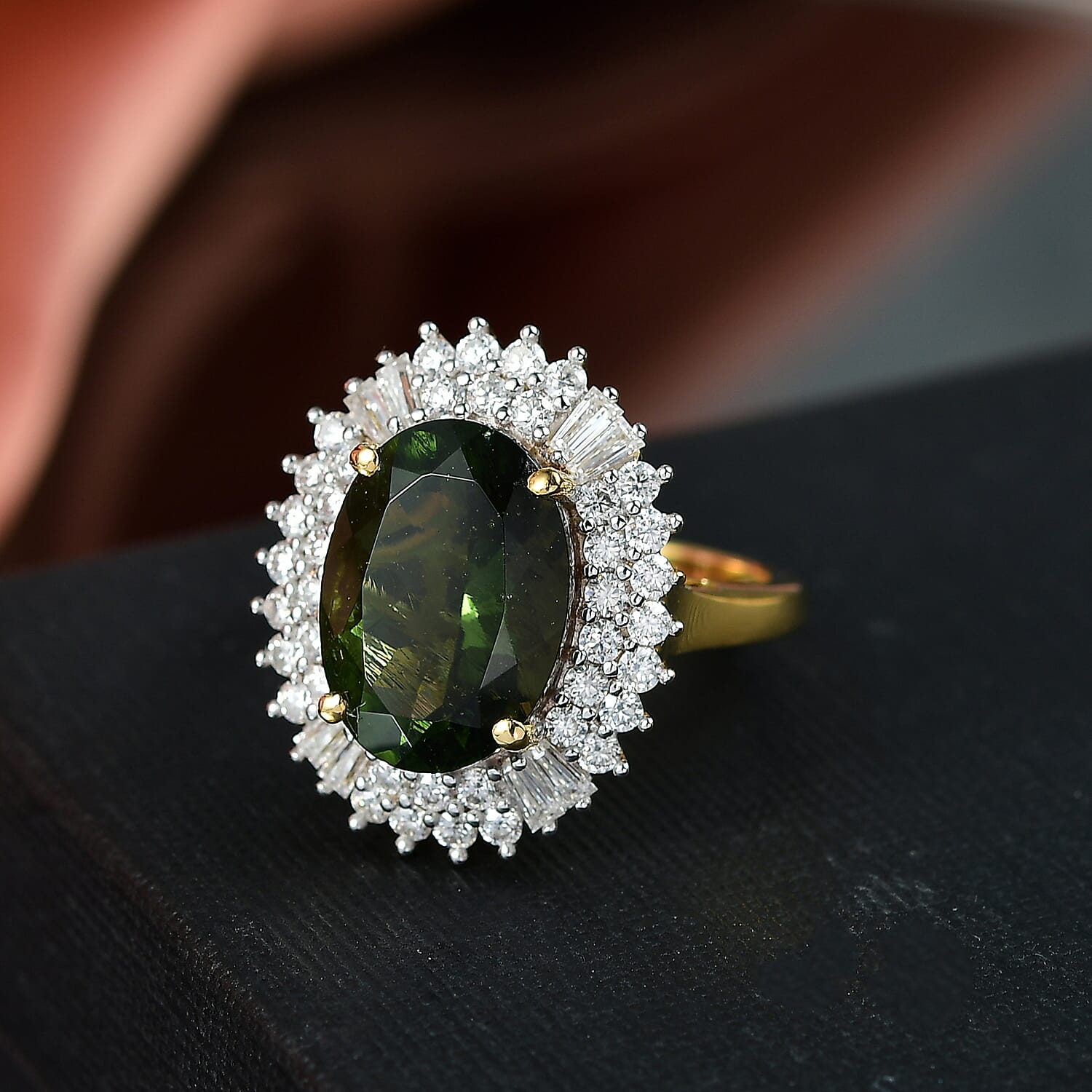 D'Joy Bohemian Moldavite, Moissanite Flower Ring in 18K Vermeil YG Over Sterling Silver 6.00 ctw (Size 10.0)