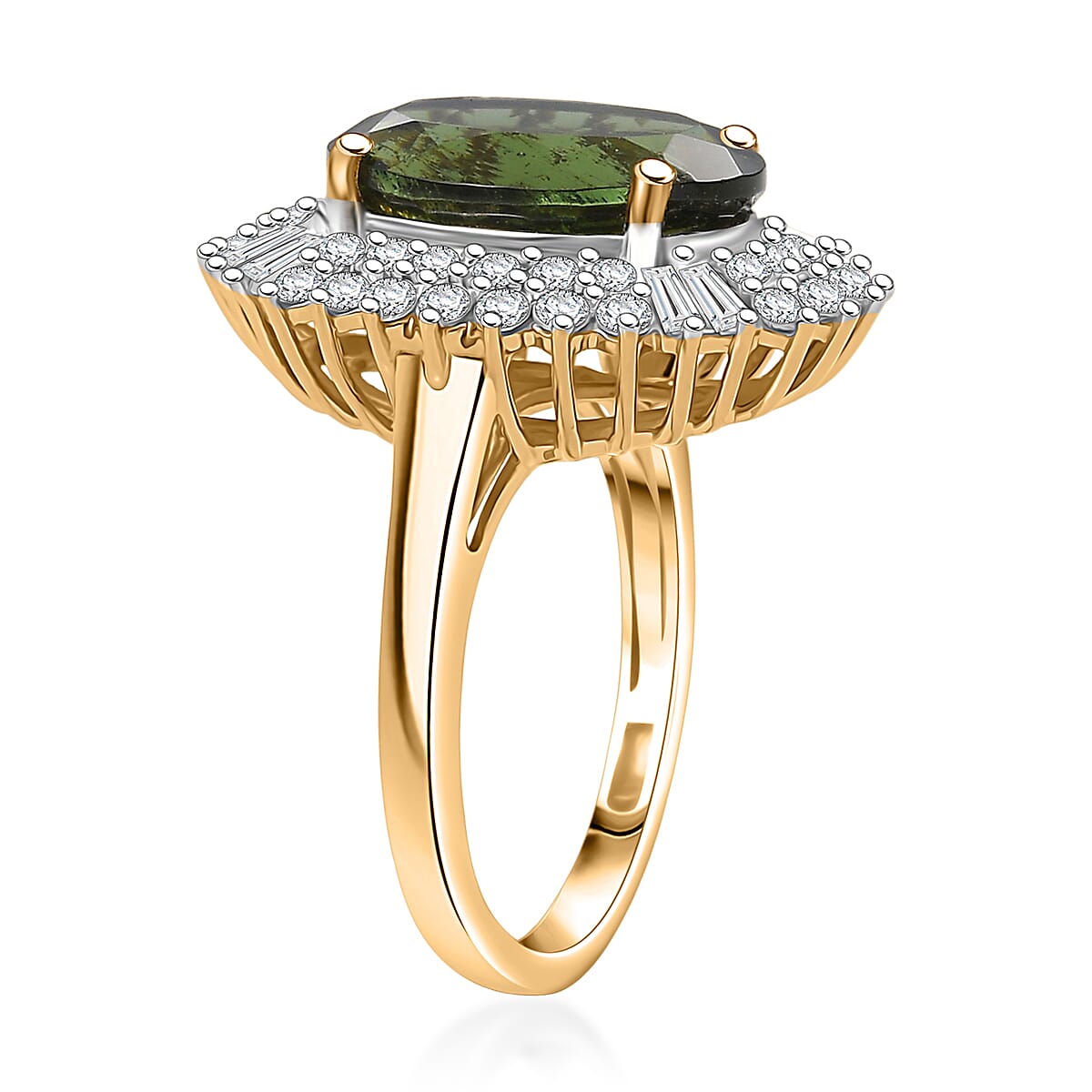 D'Joy Bohemian Moldavite, Moissanite Flower Ring in 18K Vermeil YG Over Sterling Silver 6.00 ctw (Size 10.0)