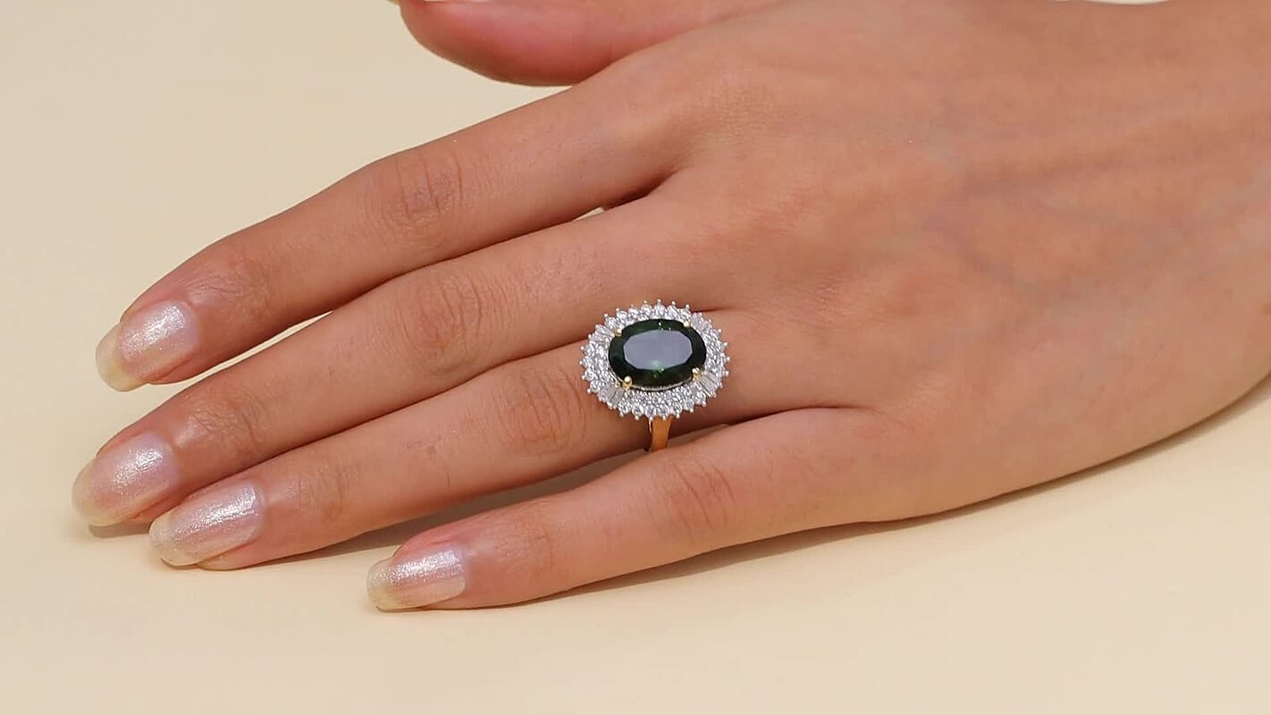 D’Joy Bohemian Moldavite, Moissanite Ring in 18K Vermeil YG Over Sterling Silver (Size 10.0) 6.00 ctw