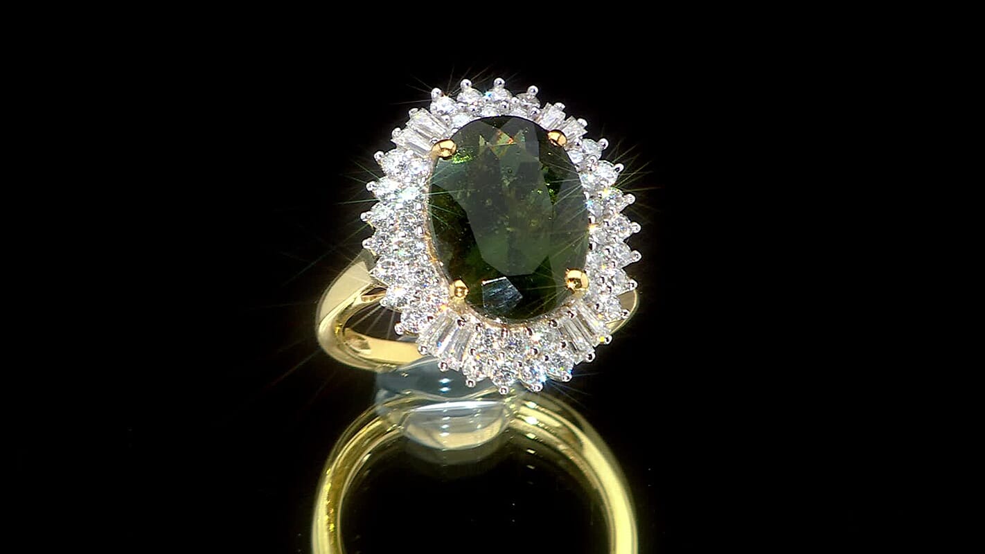 D’Joy Bohemian Moldavite, Moissanite Ring in 18K Vermeil YG Over Sterling Silver (Size 10.0) 6.00 ctw