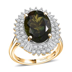 D'Joy Bohemian Moldavite and Moissanite 6.00 ctw Blooming Flower Ring in 18K Vermeil Yellow Gold Over Sterling Silver (Size 8.0) 