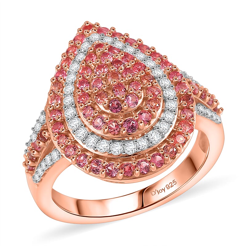D'Joy AAA Padparadscha Sapphire, White Zircon Ring in 18K Vermeil RG Over Sterling Silver 1.90 ctw (Size 10.0)