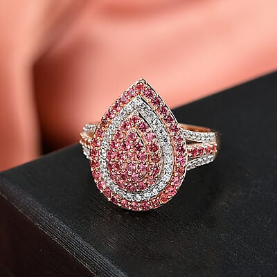 D'Joy AAA Padparadscha Sapphire, White Zircon Ring in 18K Vermeil RG Over Sterling Silver 1.90 ctw (Size 10.0)
