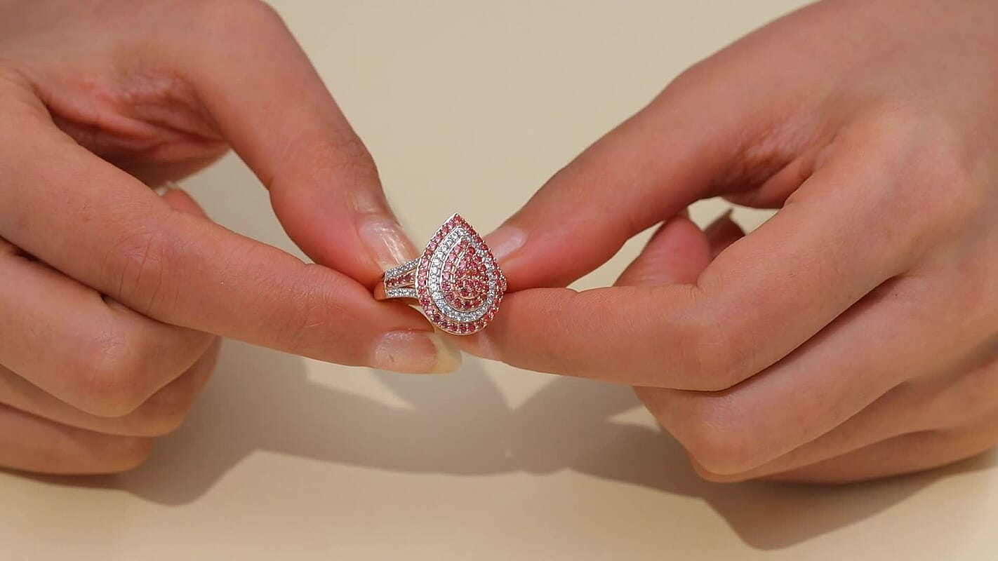 D’Joy Padparadscha Sapphire, White Zircon Ring in 18K Vermeil RG Over Sterling Silver (Size 10.0) 1.75 ctw