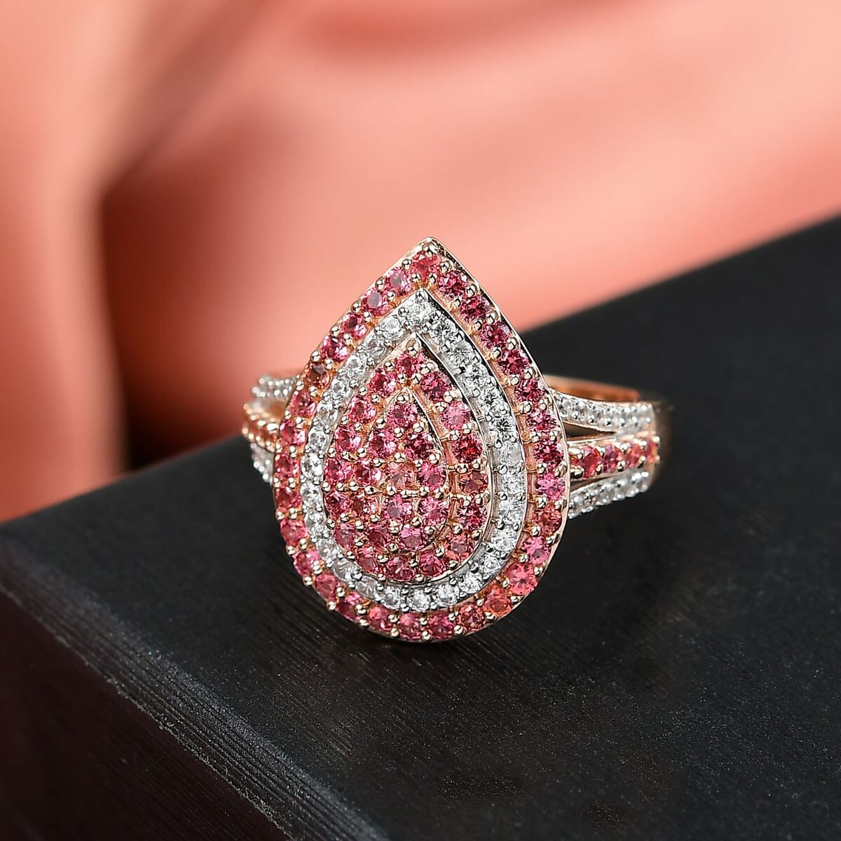 D’Joy Padparadscha Sapphire and White Zircon 1.75 ctw Ring in 18K Vermeil Rose Gold Over Sterling Silver (Size 7.0) image number 1
