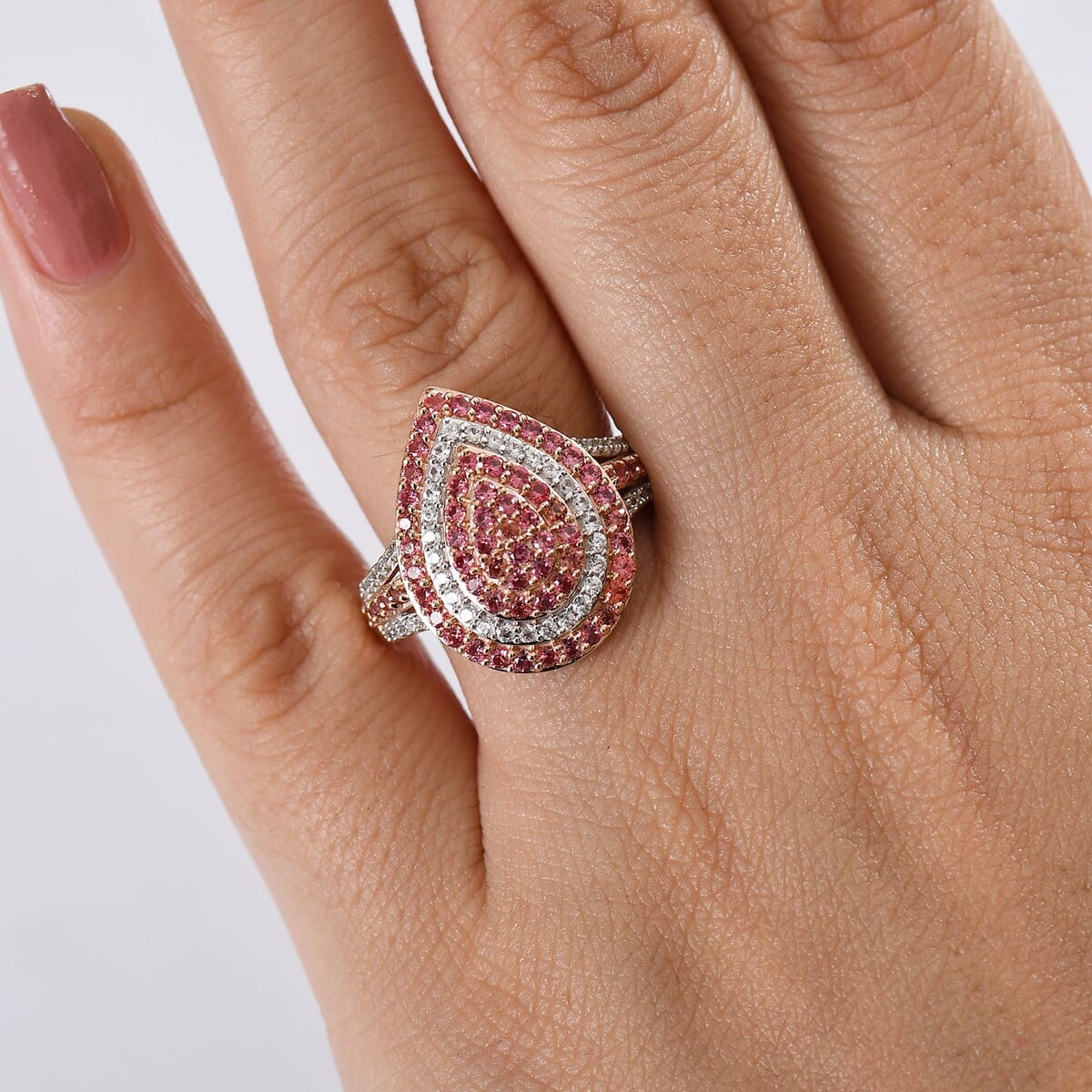 D’Joy Padparadscha Sapphire and White Zircon 1.75 ctw Ring in 18K Vermeil Rose Gold Over Sterling Silver (Size 7.0) image number 2
