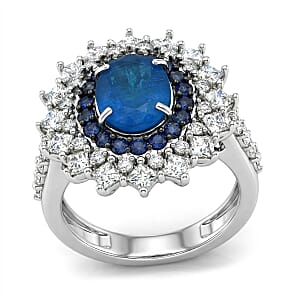 D'Joy Malgache Neon Apatite and Multi Gemstone 3.35 ctw Dahlia Bloom Ring in Rhodium Over Sterling Silver (Size 6.0)
