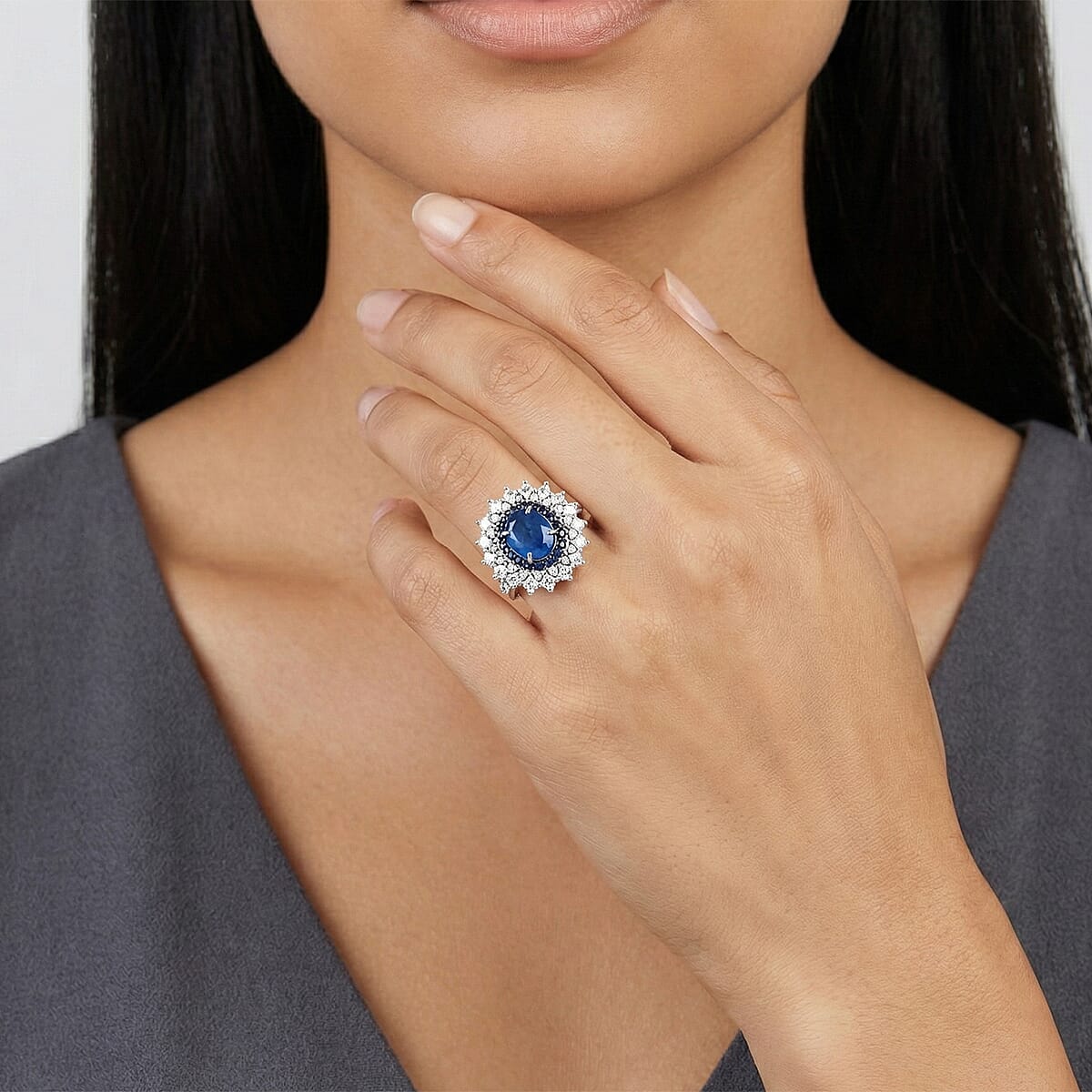 D'Joy Malgache Neon Apatite and Multi Gemstone 3.35 ctw Dahlia Bloom Ring in Rhodium Over Sterling Silver (Size 9.0) image number 2