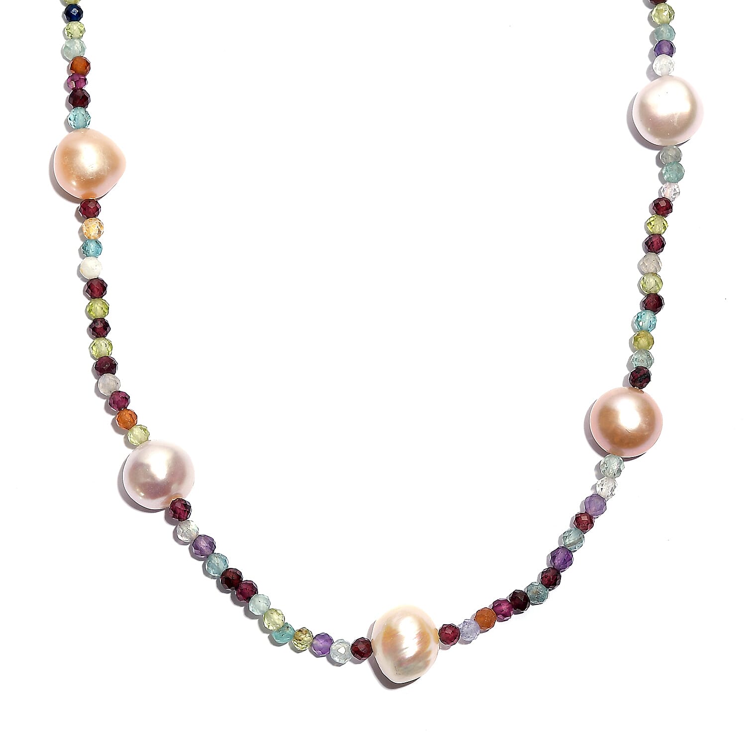 D’Joy Multi Color Freshwater Pearl and Multi Gemstone Beaded 25.00 ctw Necklace in Rhodium Over Sterling Silver 24 Inches