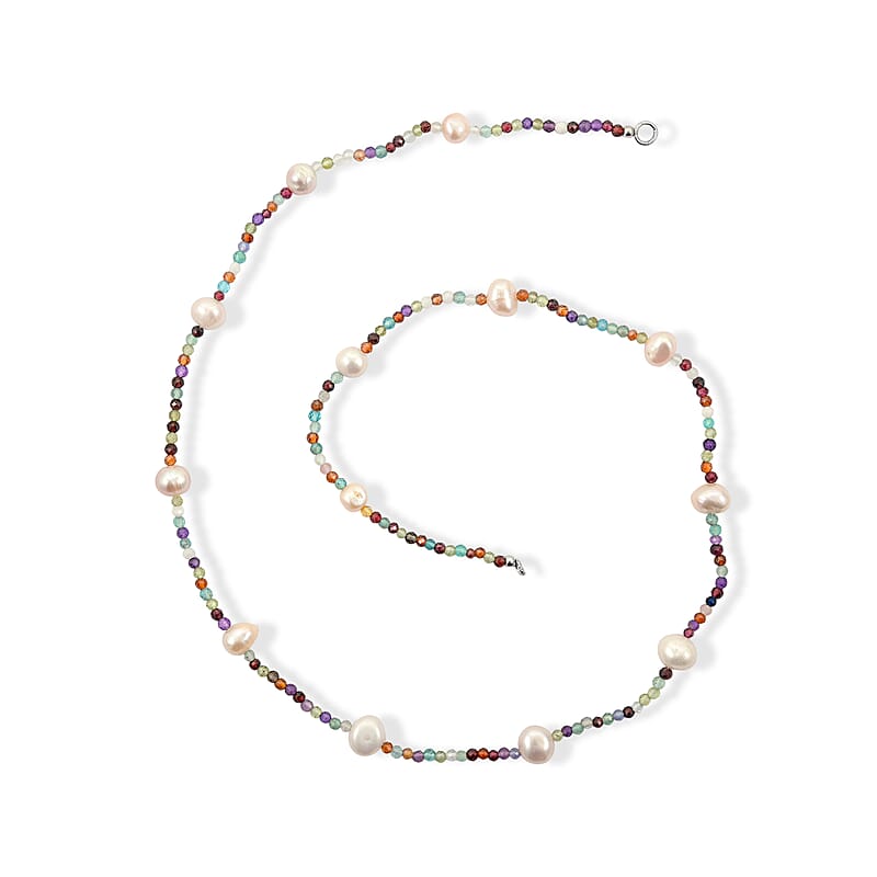 GCS D’Joy Multi Color Freshwater Pearl and Multi Gemstone Beaded 25.00 ctw Necklace in Rhodium Over Sterling Silver 24 Inches