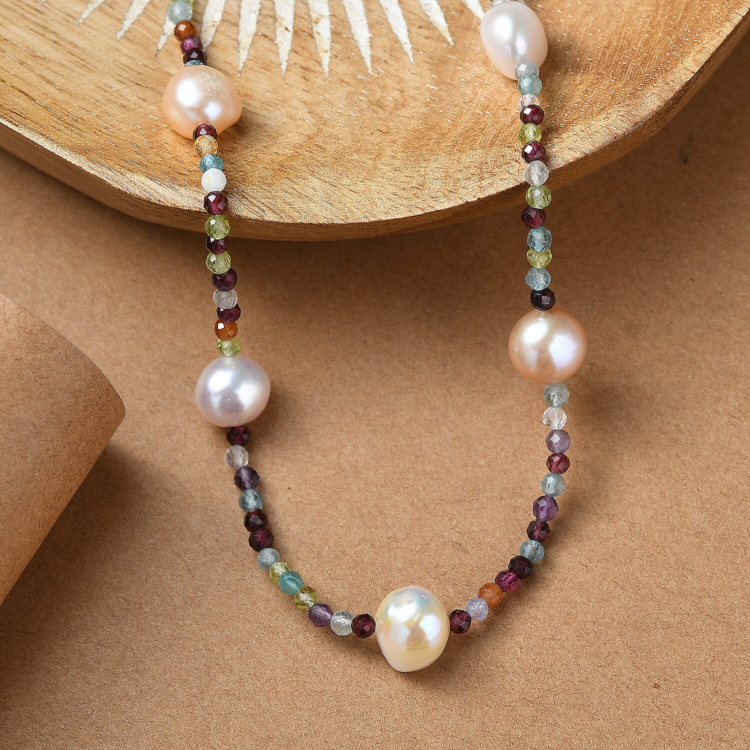 D’Joy Multi Color Freshwater Pearl and Multi Gemstone Beaded 25.00 ctw Necklace in Rhodium Over Sterling Silver 24 Inches
