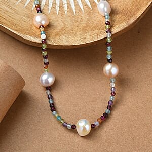 D&rsquo;Joy Multi Color Freshwater Pearl and Multi Gemstone Beaded 25.00 ctw Necklace in Rhodium Over Sterling Silver 24 Inches 