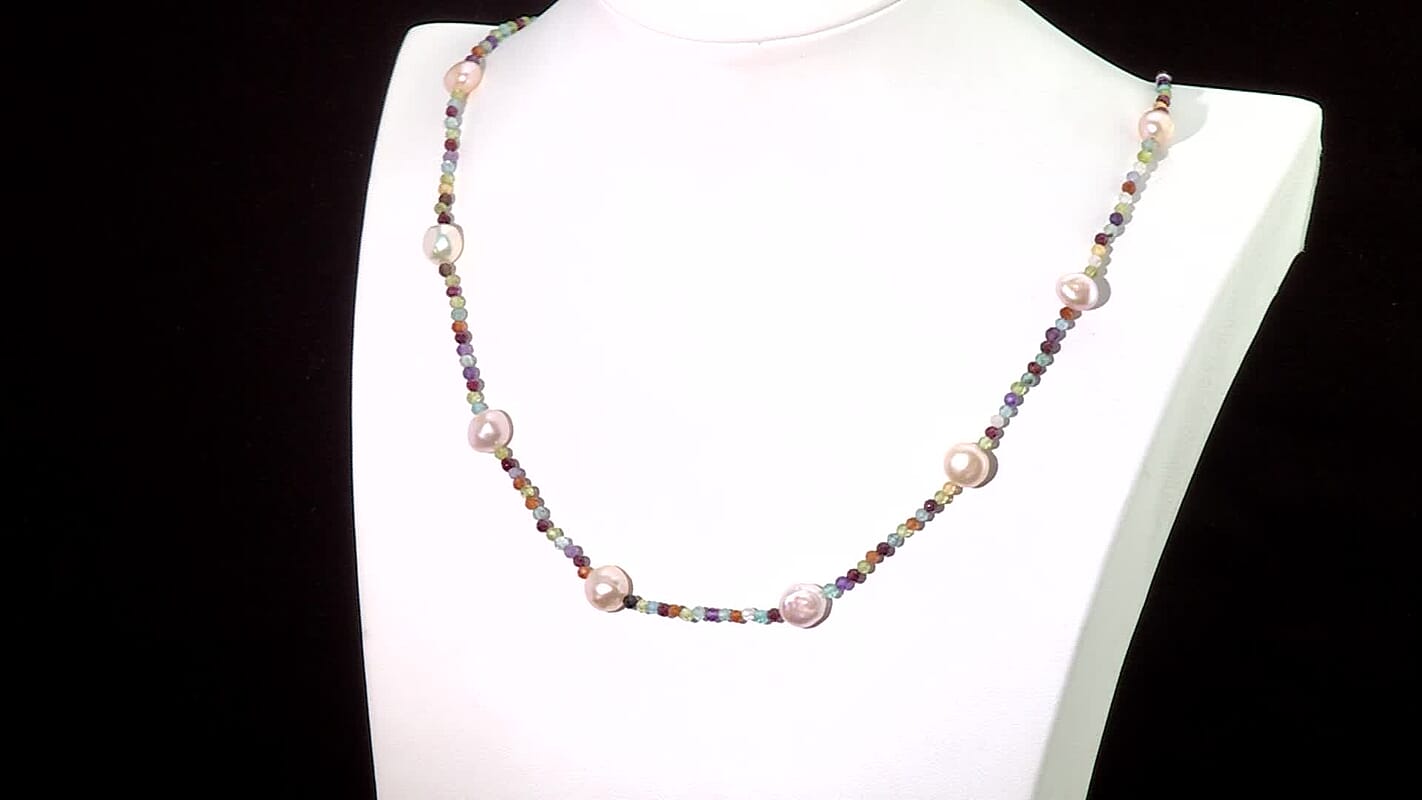 D’Joy Multi Color Freshwater Pearl, Multi Gemstone Beaded Necklace (24 Inches) in Rhodium Over Sterling Silver 25.00 ctw