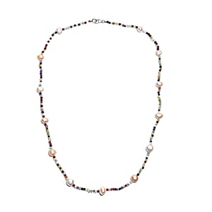 D&rsquo;Joy Multi Color Freshwater Pearl and Multi Gemstone Beaded 25.00 ctw Necklace in Rhodium Over Sterling Silver 24 Inches 
