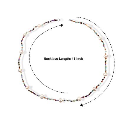 GCS D’Joy Multi Color Freshwater Pearl and Multi Gemstone Beaded 25.00 ctw Necklace in Rhodium Over Sterling Silver 24 Inches