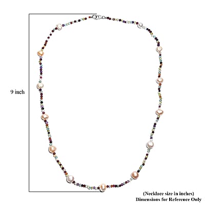 GCS D’Joy Multi Color Freshwater Pearl and Multi Gemstone Beaded 25.00 ctw Necklace in Rhodium Over Sterling Silver 24 Inches