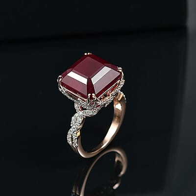 D'Joy Asscher Cut Niassa Ruby (FF) and White Zircon 22.60 ctw Art-Deco Ring in 18K Vermeil Rose Gold Over Sterling Silver (Size 10.0)