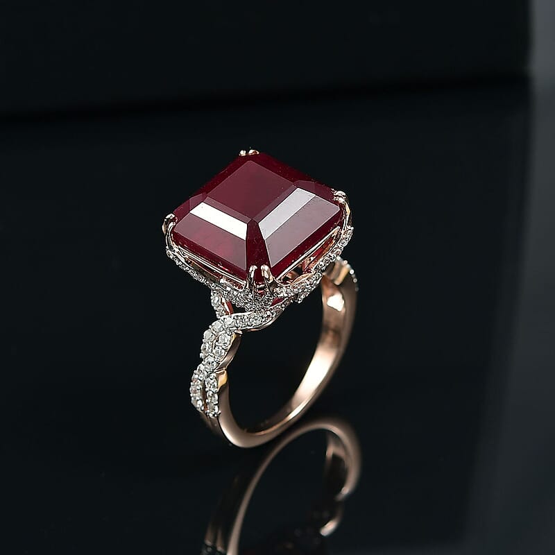 D'Joy Asscher Cut Niassa Ruby (FF) and White Zircon 22.60 ctw Art-Deco Ring in 18K Vermeil Rose Gold Over Sterling Silver (Size 10.0)