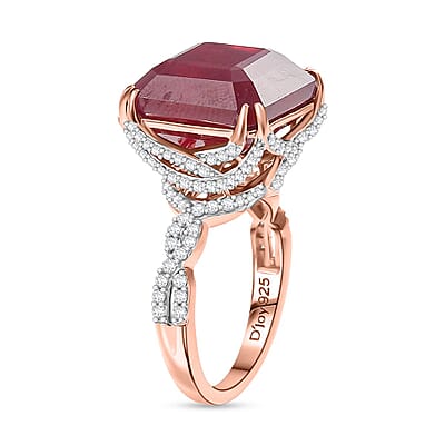 D'Joy Asscher Cut Niassa Ruby (FF) and White Zircon 22.60 ctw Art-Deco Ring in 18K Vermeil Rose Gold Over Sterling Silver (Size 10.0)