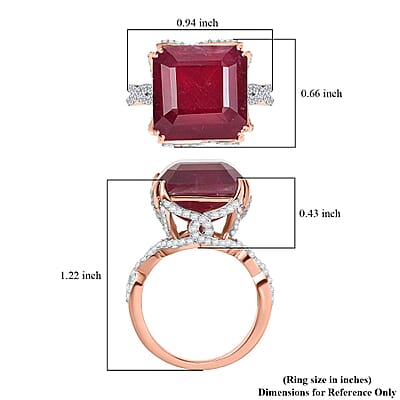 D'Joy Asscher Cut Niassa Ruby (FF) and White Zircon 22.60 ctw Art-Deco Ring in 18K Vermeil Rose Gold Over Sterling Silver (Size 10.0)