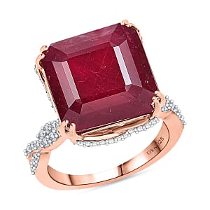 D'Joy Asscher Cut Niassa Ruby (FF) and White Zircon 22.60 ctw Art-Deco Ring in 18K Vermeil Rose Gold Over Sterling Silver (Size 7.0)