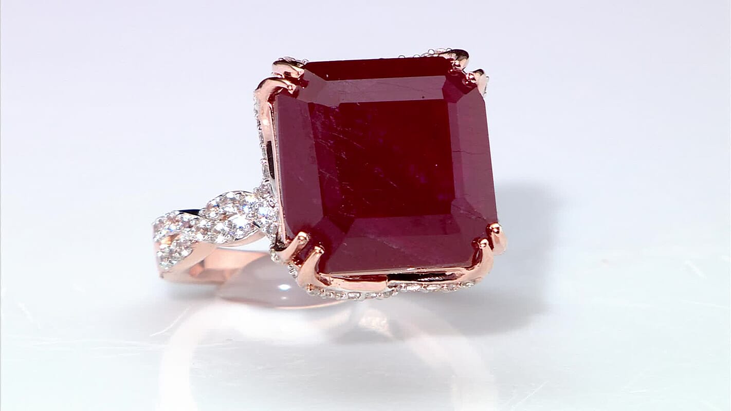 D’Joy Asscher Cut Niassa Ruby (FF), White Zircon Ring in 18K Vermeil RG Over Sterling Silver (Size 10.0) 22.60 ctw