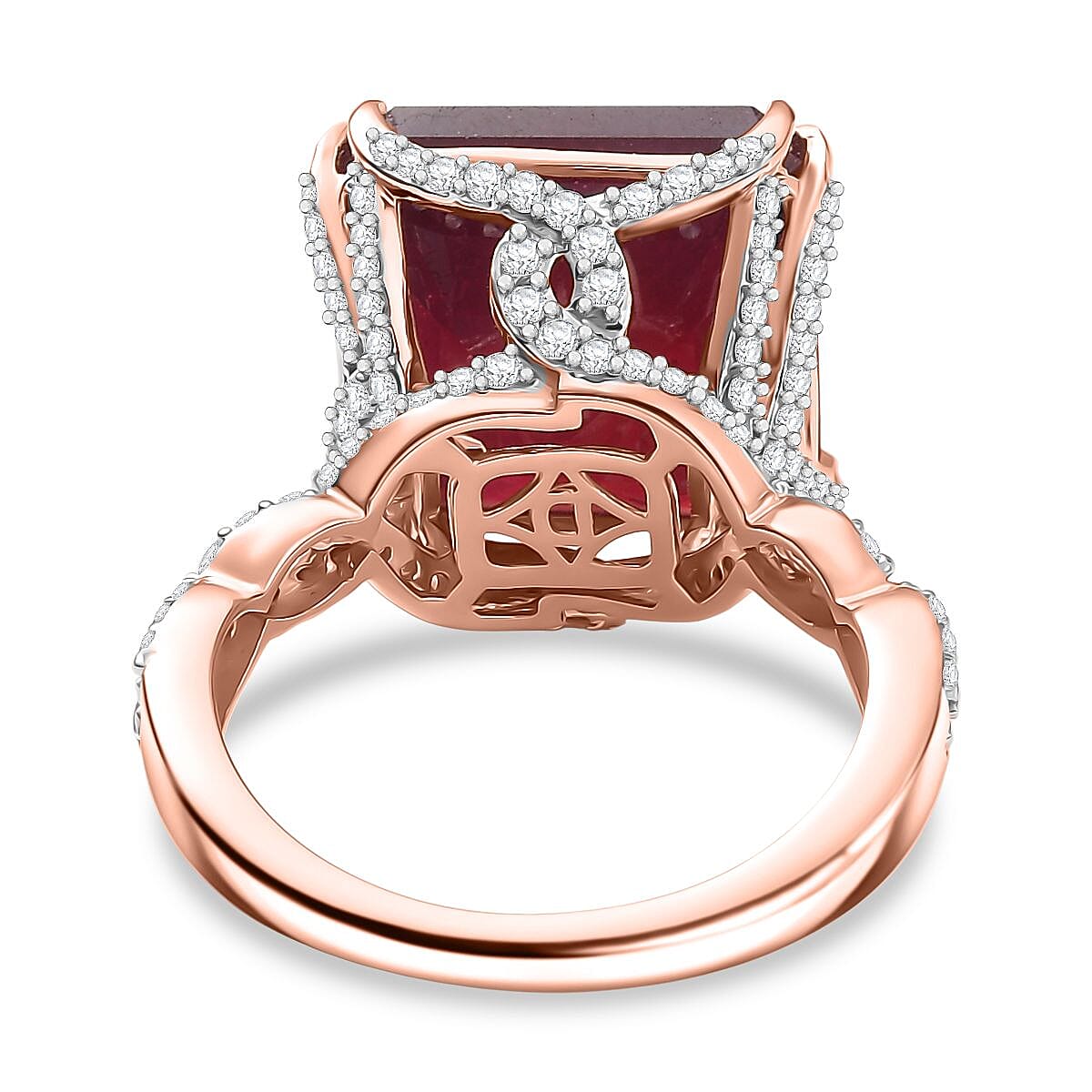 D'Joy Asscher Cut Niassa Ruby (FF) and White Zircon 22.60 ctw Art-Deco Ring in 18K Vermeil Rose Gold Over Sterling Silver (Size 7.0) image number 4