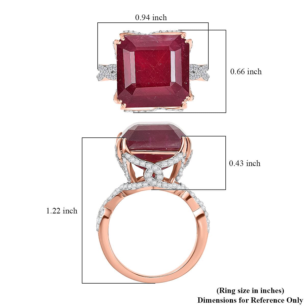 D'Joy Asscher Cut Niassa Ruby (FF) and White Zircon 22.60 ctw Art-Deco Ring in 18K Vermeil Rose Gold Over Sterling Silver (Size 7.0)