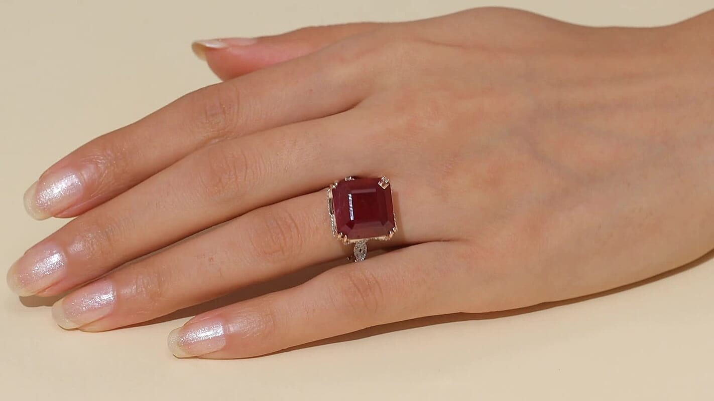 D’Joy Asscher Cut Niassa Ruby (FF), White Zircon Ring in 18K Vermeil RG Over Sterling Silver (Size 10.0) 22.60 ctw