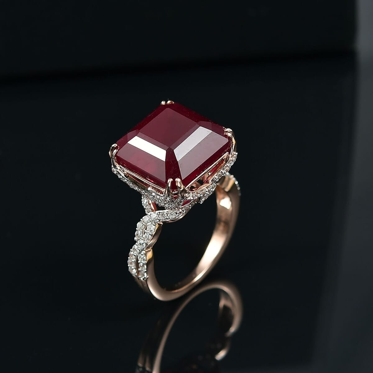 D’Joy Asscher Cut Niassa Ruby (FF) and White Zircon 22.60 ctw Ring in 18K Vermeil Rose Gold Over Sterling Silver (Size 8.0) image number 1