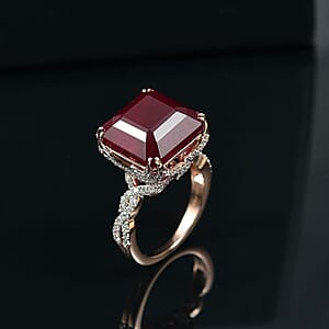 D'Joy Asscher Cut Niassa Ruby (FF) and White Zircon 22.60 ctw Art-Deco Ring in 18K Vermeil Rose Gold Over Sterling Silver (Size 8.0)