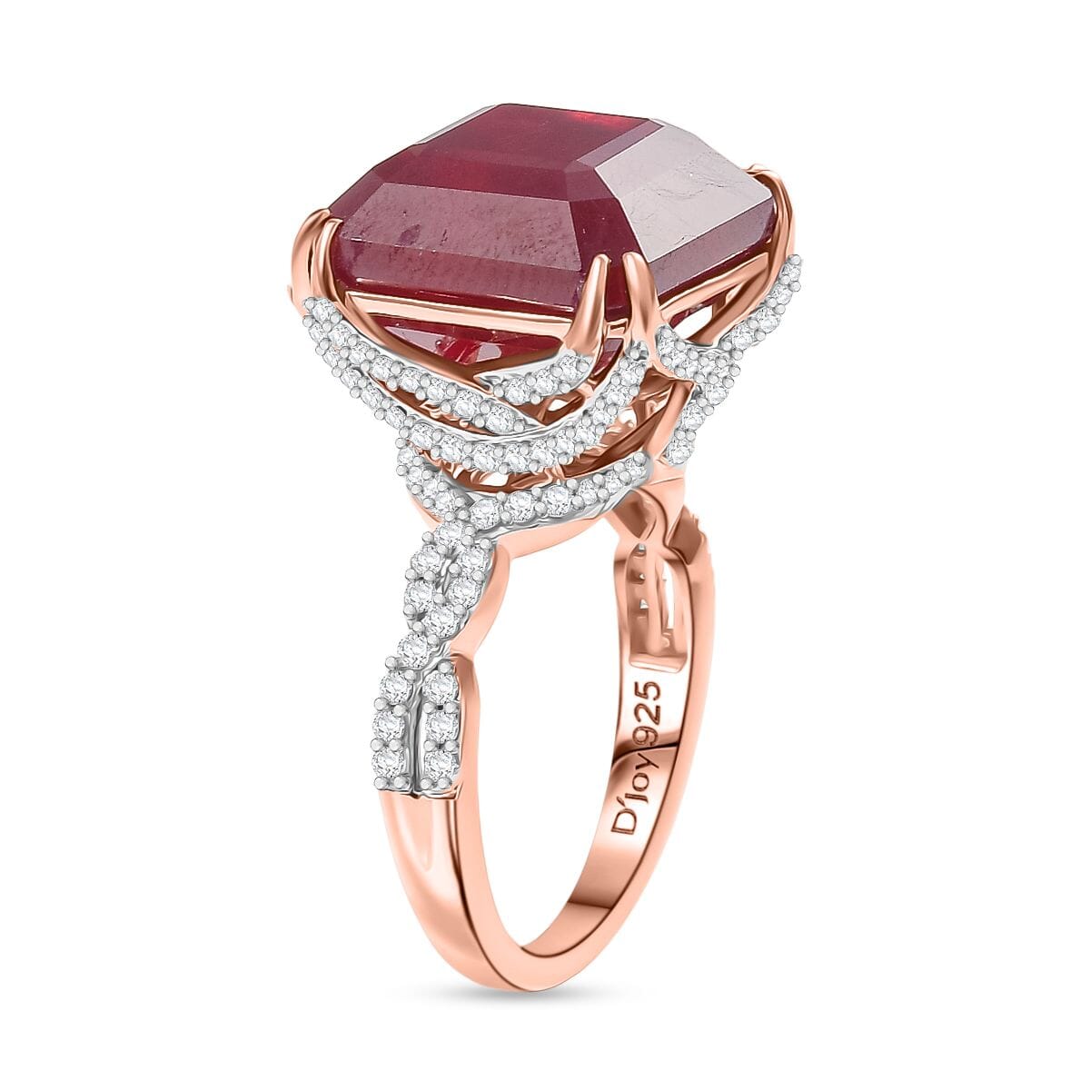 D’Joy Asscher Cut Niassa Ruby (FF) and White Zircon 22.60 ctw Ring in 18K Vermeil Rose Gold Over Sterling Silver (Size 8.0) image number 3