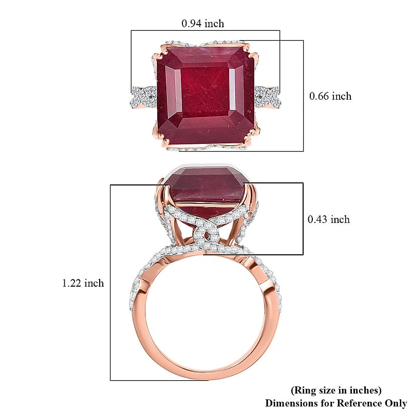D'Joy Asscher Cut Niassa Ruby (FF) and White Zircon 22.60 ctw Art-Deco Ring in 18K Vermeil Rose Gold Over Sterling Silver (Size 8.0)