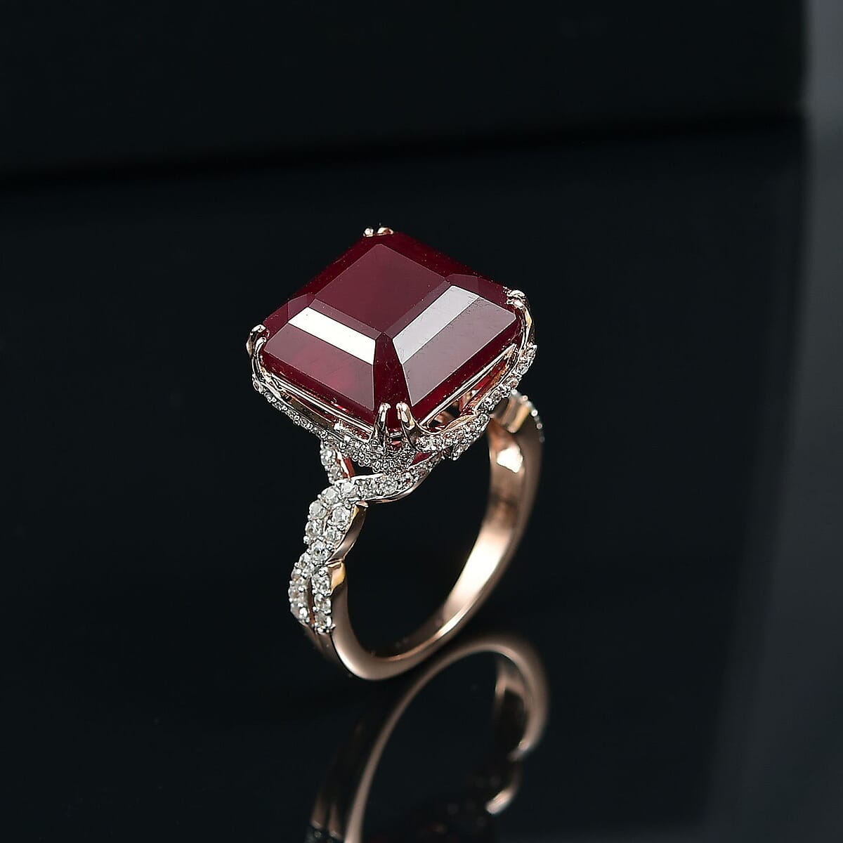 D'Joy Asscher Cut Niassa Ruby (FF) and White Zircon 22.60 ctw Art-Deco Ring in 18K Vermeil Rose Gold Over Sterling Silver (Size 9.0) image number 1