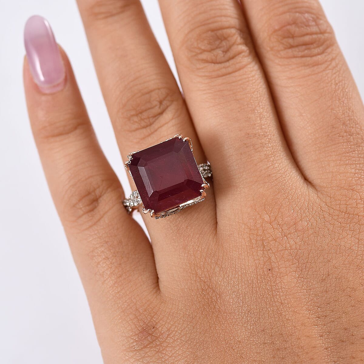 D'Joy Asscher Cut Niassa Ruby (FF) and White Zircon 22.60 ctw Art-Deco Ring in 18K Vermeil Rose Gold Over Sterling Silver (Size 9.0) image number 2