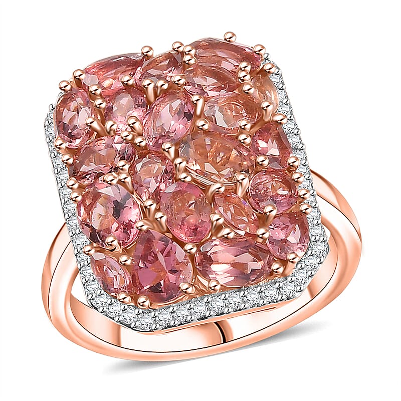 D'Joy Blush Tourmaline, White Zircon Ring in 18K Vermeil RG Over Sterling Silver 4.40 ctw (Size 10.0)
