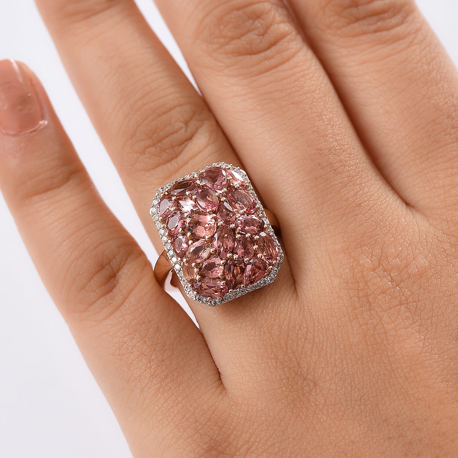 D'Joy Blush Tourmaline, White Zircon Ring in 18K Vermeil RG Over Sterling Silver 4.40 ctw (Size 10.0)