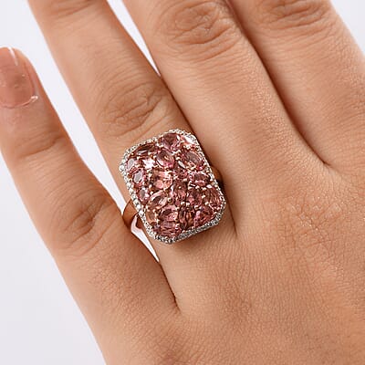 D'Joy Blush Tourmaline, White Zircon Ring in 18K Vermeil RG Over Sterling Silver 4.40 ctw (Size 10.0)