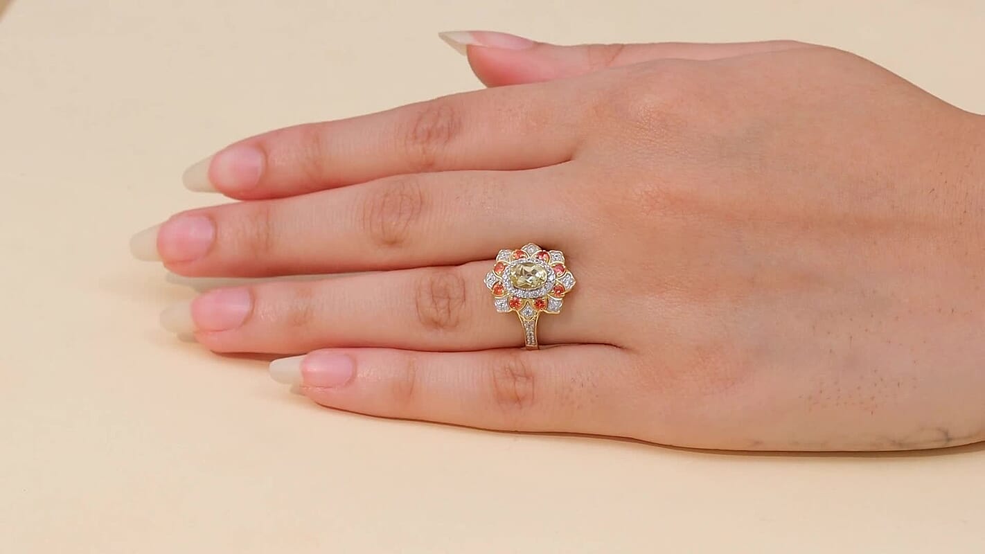 D’Joy Brazilian Heliodor, Multi Gemstone Tulip Leaf Ring in 18K Vermeil YG Over Sterling Silver (Size 10.0) 1.50 ctw