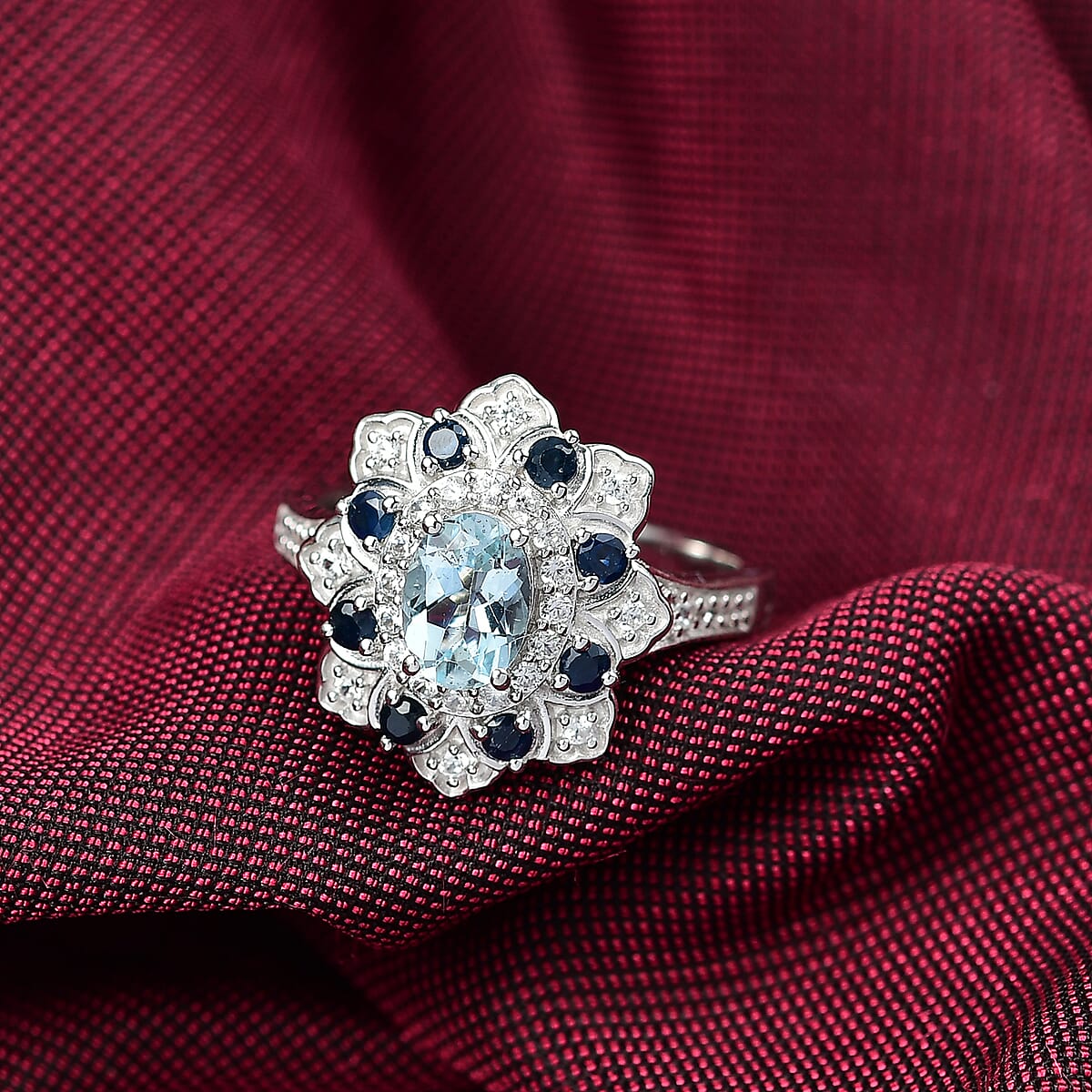 Doorbuster D’Joy Premium Mangoro Aquamarine and Multi Gemstone 1.50 ctw Tulip Ring in Rhodium Over Sterling Silver (Size 10.0) image number 1