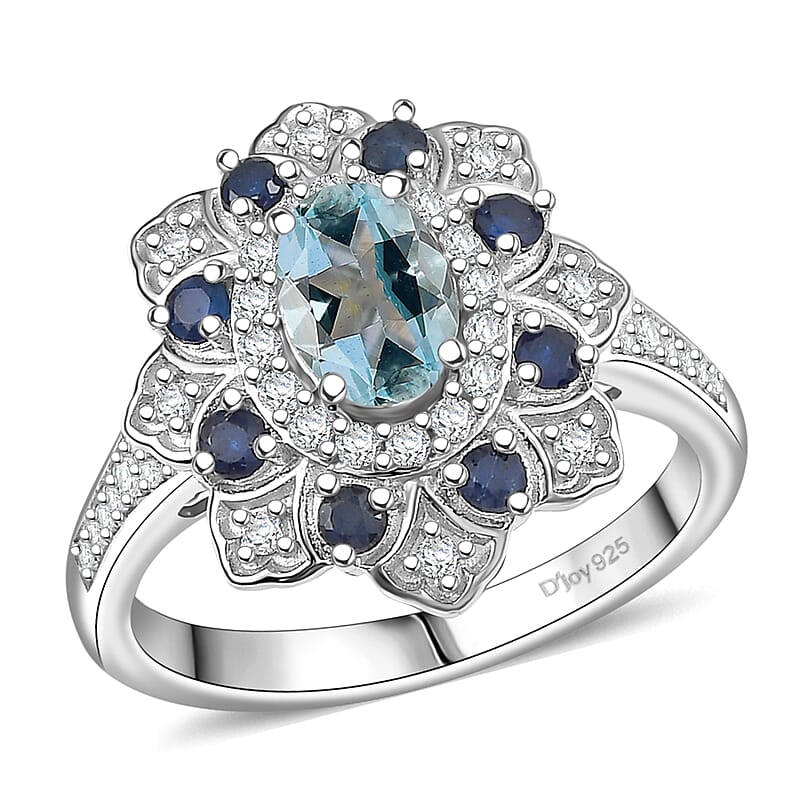 D'Joy Premium Mangoro Aquamarine, Multi Gemstone Tulip Ring in Rhodium Over Sterling Silver 1.50 ctw (Size 5.0)