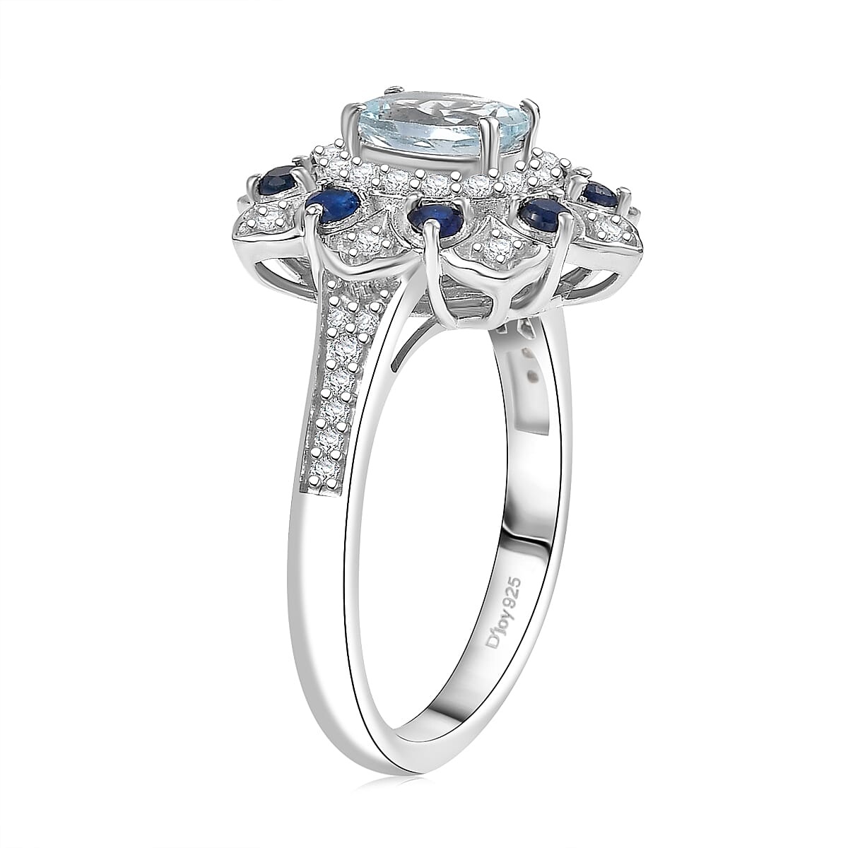 D'Joy Premium Mangoro Aquamarine, Multi Gemstone Tulip Ring in Rhodium Over Sterling Silver 1.50 ctw (Size 5.0)