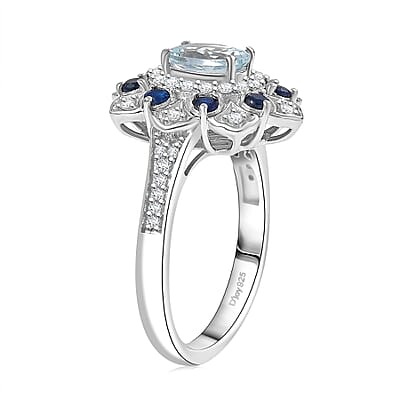 D'Joy Premium Mangoro Aquamarine, Multi Gemstone Tulip Ring in Rhodium Over Sterling Silver 1.50 ctw (Size 5.0)