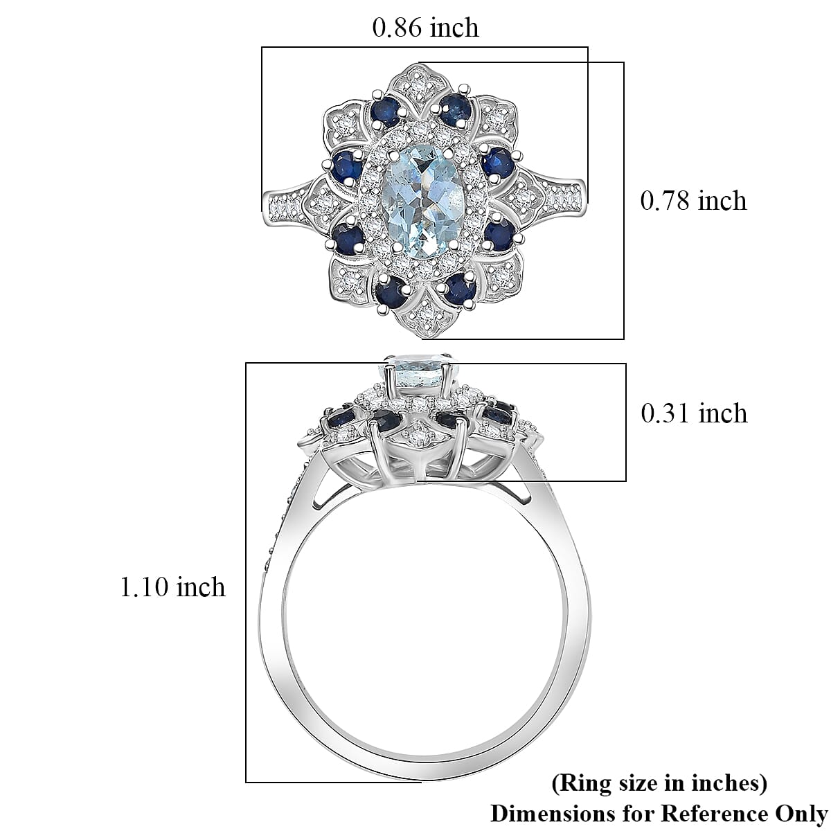 D'Joy Premium Mangoro Aquamarine, Multi Gemstone Tulip Ring in Rhodium Over Sterling Silver 1.50 ctw (Size 5.0)